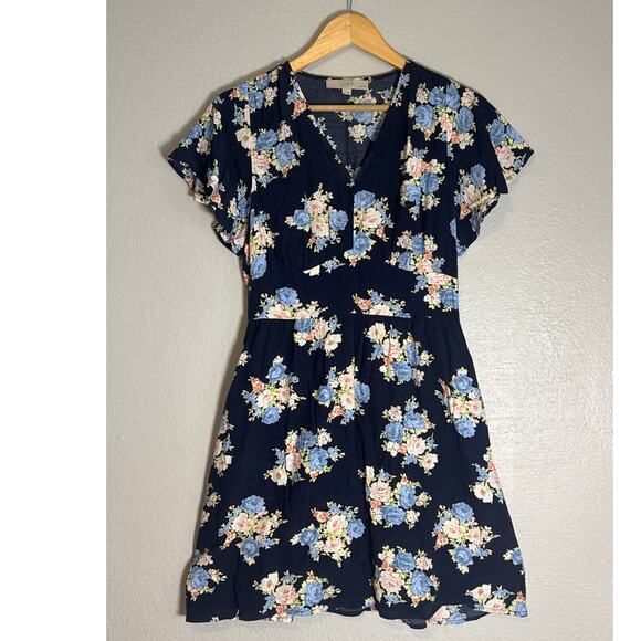 Ann Taylor Loft Floral Flutter V-Neck Pocket Short Dress Womens 2 Petite Blue - Picture 2 of 9